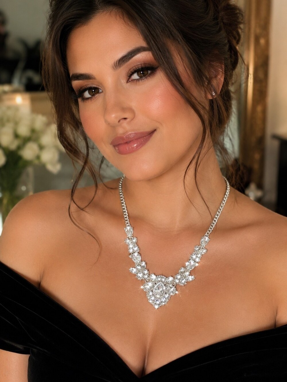 Silver Tone Clear Rhinestone Floral Statement Necklace 18” Adjustable Glam